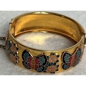 Hinged Bangle Bracelet Cloisonné Butterflies Gold Tone Teacher Gift Vintage Cute